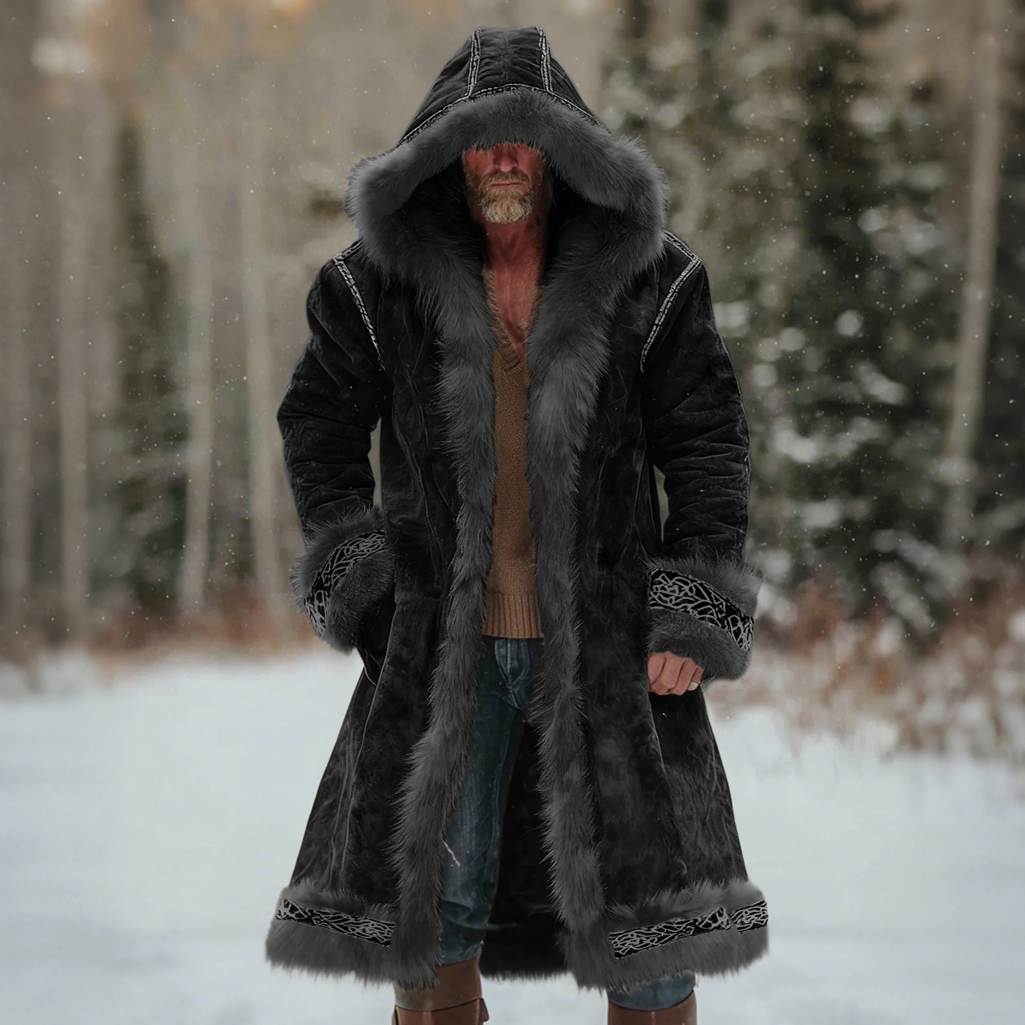 Men's Christmas Santa Outfit Fuzzy Velvet Hooded Coat