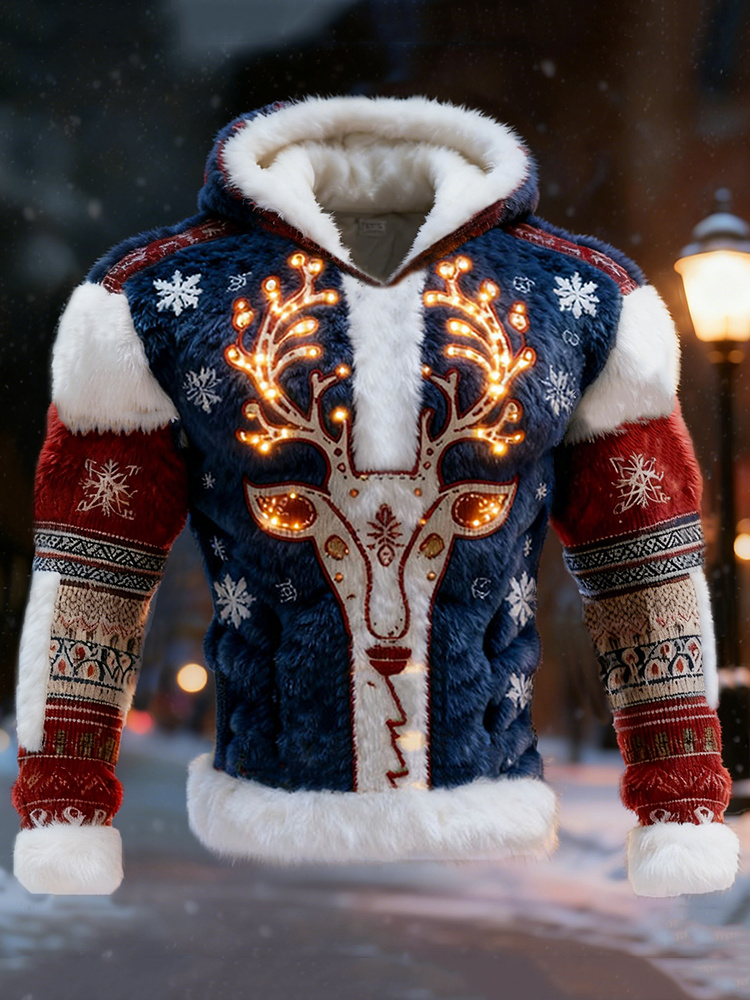 Men's Christmas Reindeer Color Block Ugly Hooded Sweater