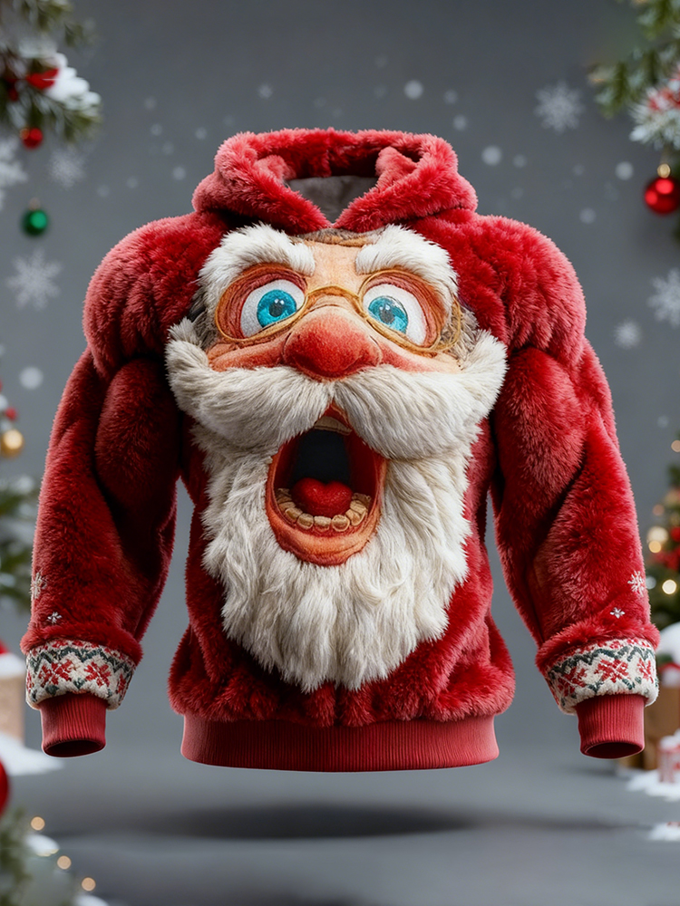Men's Surprised Santa Claus Print Ugly Hooded Sweater