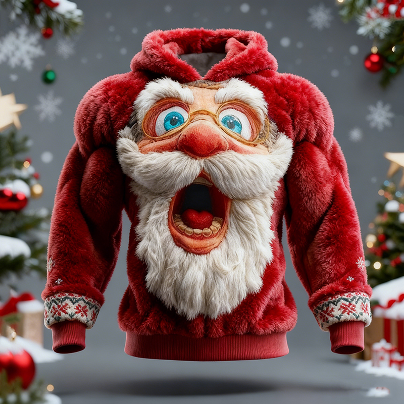 Men's Surprised Santa Claus Print Ugly Hooded Sweater
