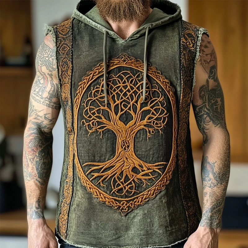 Men's Viking Tree Of Life Embroidered Hooded Tank Top