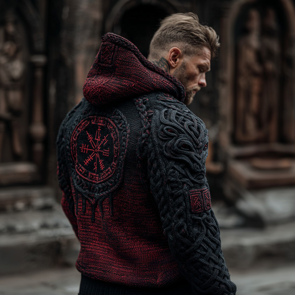 Men's Vegvisir Viking Celtic Runes Knit Gradient Jacquard Cozy Hooded Sweater