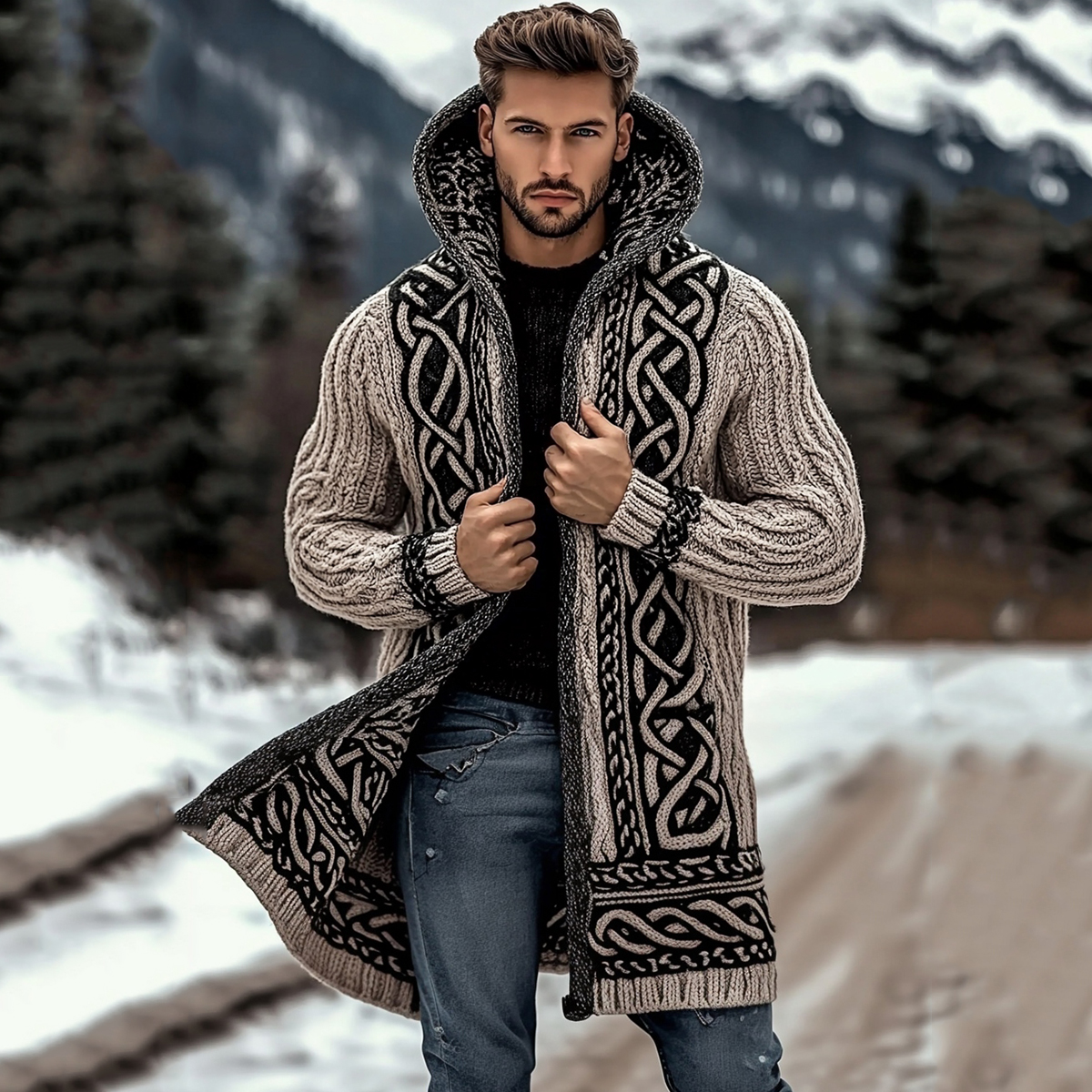 Men's Viking Complex Celtic Knot Mid-length Cardigan Sweater