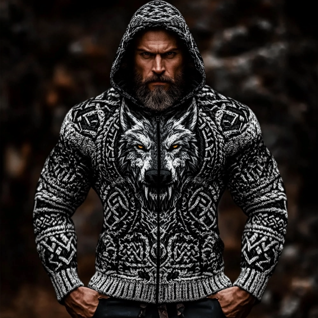 Men's Viking Wolf Jacquard Celtic Chunky Knit Zip-up Hooded Sweater