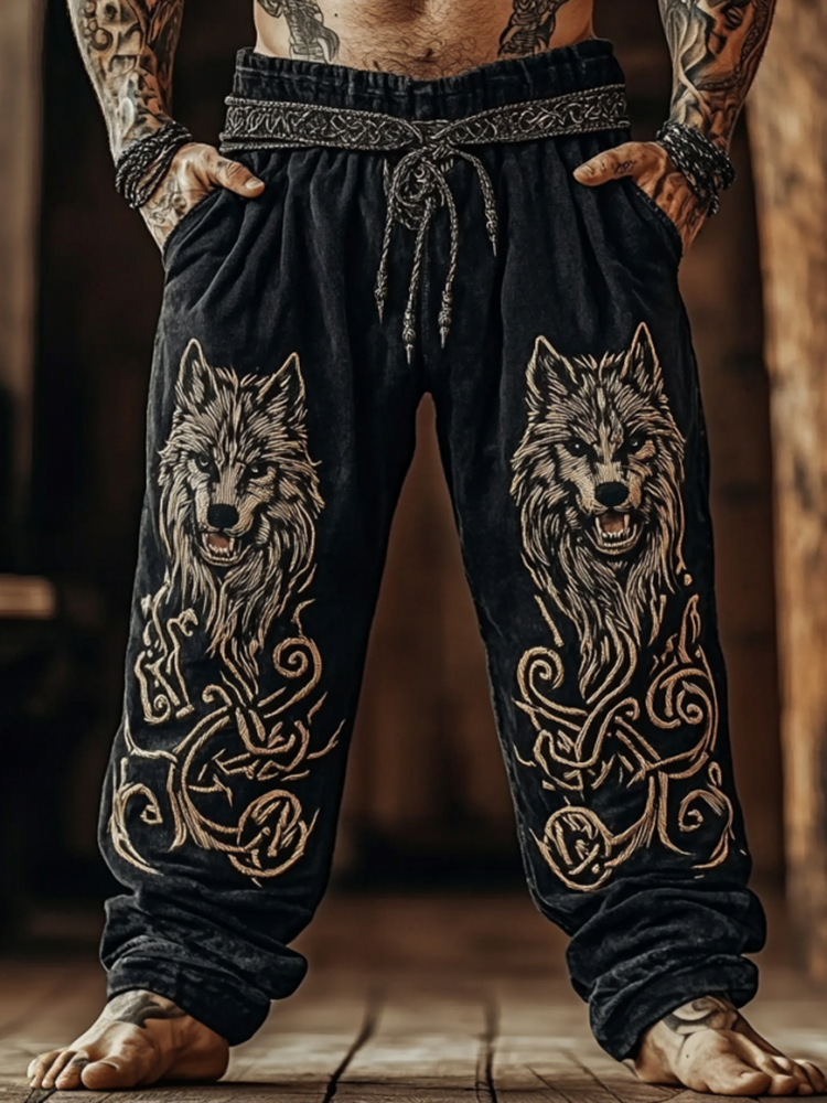 Men's Viking Celtic Knot Wolf Linen Blend Wide Leg Pants