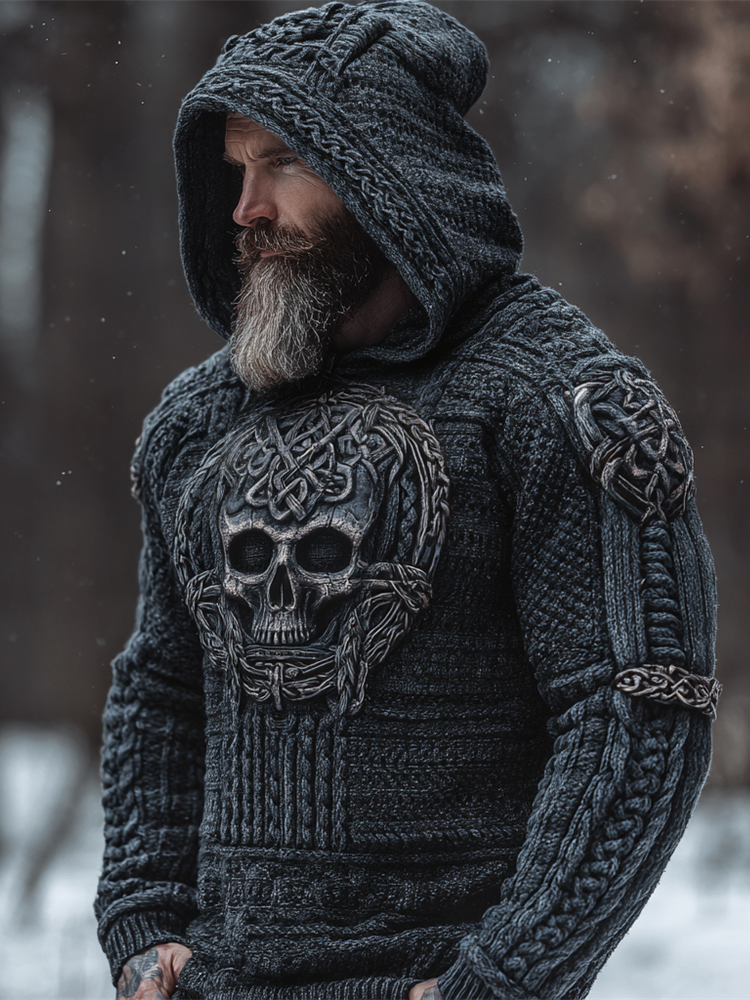 Viking Skull Men's Chunky Knit Hooded Sweater