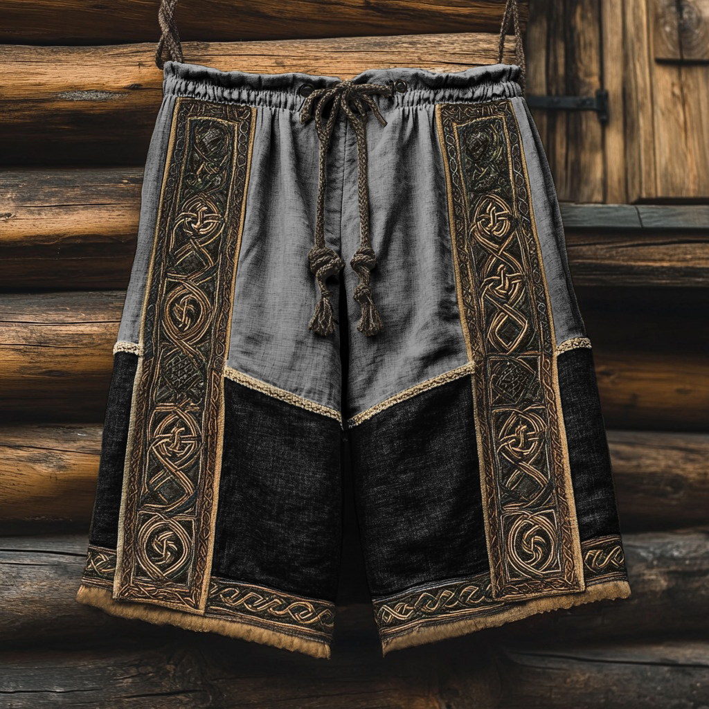 Vintage Viking Celtic Knot Patchwork Art Linen Shorts