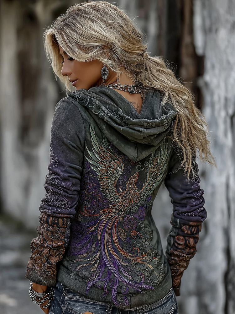 Women's Viking Mythology Phoenix Embroidery Comfortable Warm V-neck Hoodie