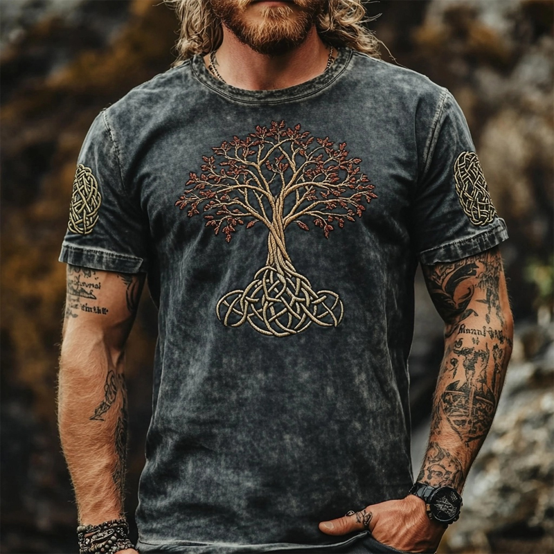 Men's Viking Tree Of Life Embroidered Washed T Shirt