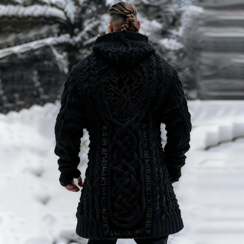 Men's Viking Tribal Jacquard Celtic With Tree Of Life Inspired Chunky Knit Zipped Hooded Sweater