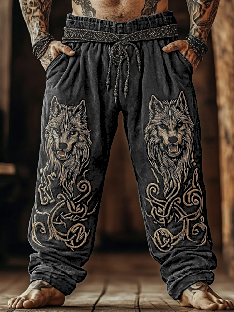 Men's Viking Celtic Knot Wolf Linen Blend Wide Leg Pants