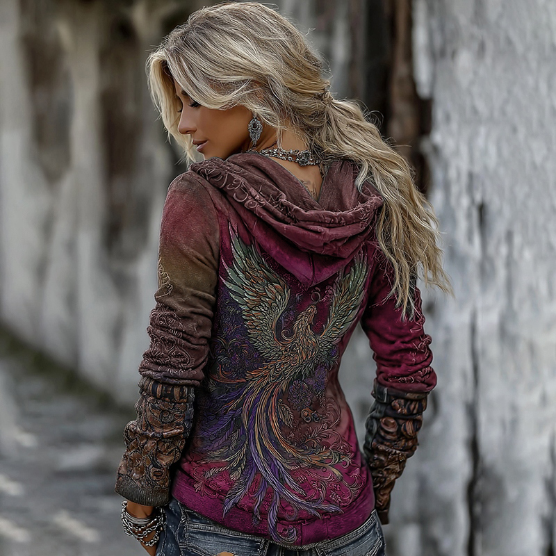 Women's Viking Mythology Phoenix Embroidery Comfortable Warm V-neck Hoodie