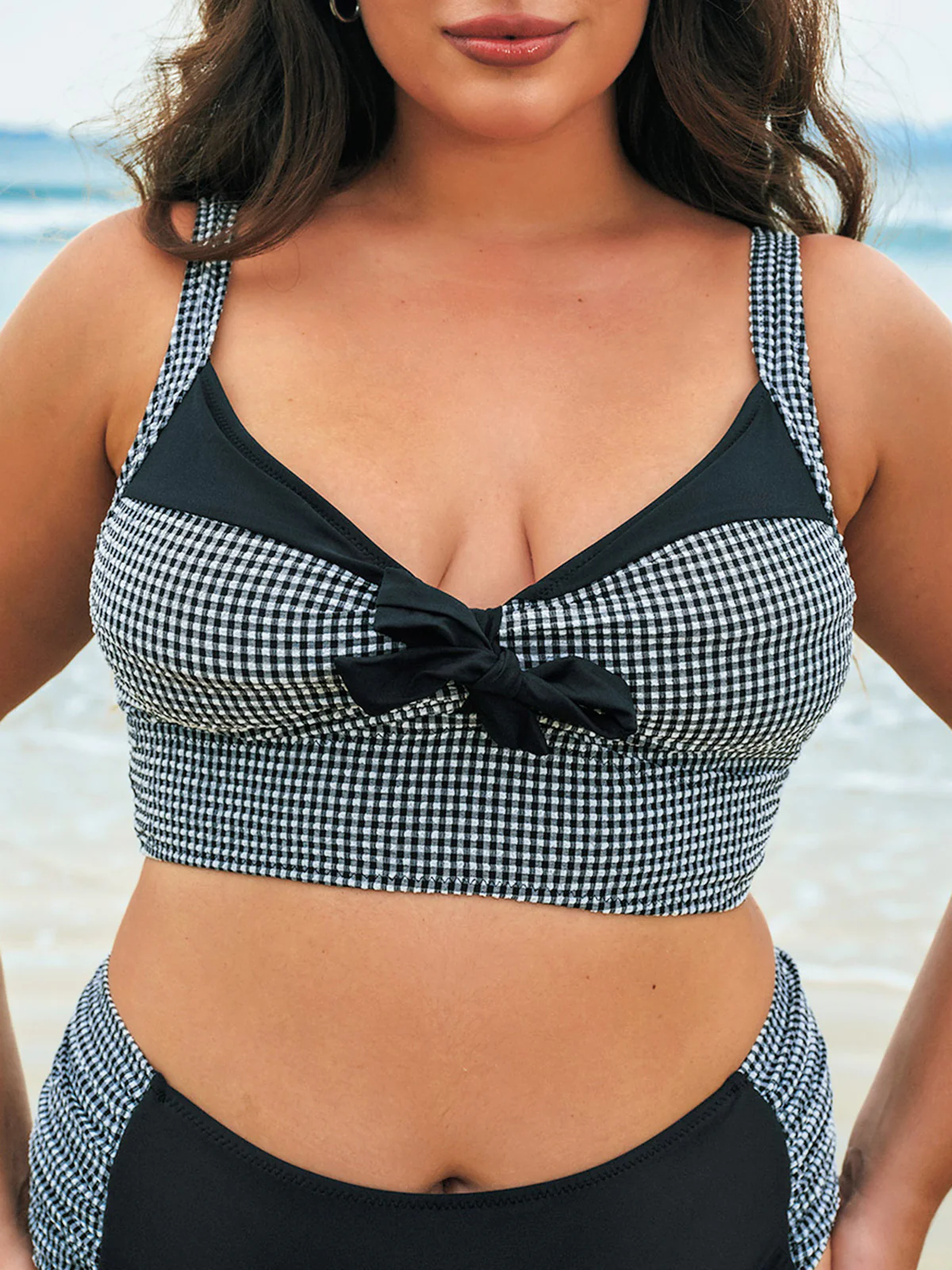 Black Plaid Bow Plus Size Bikini Top
