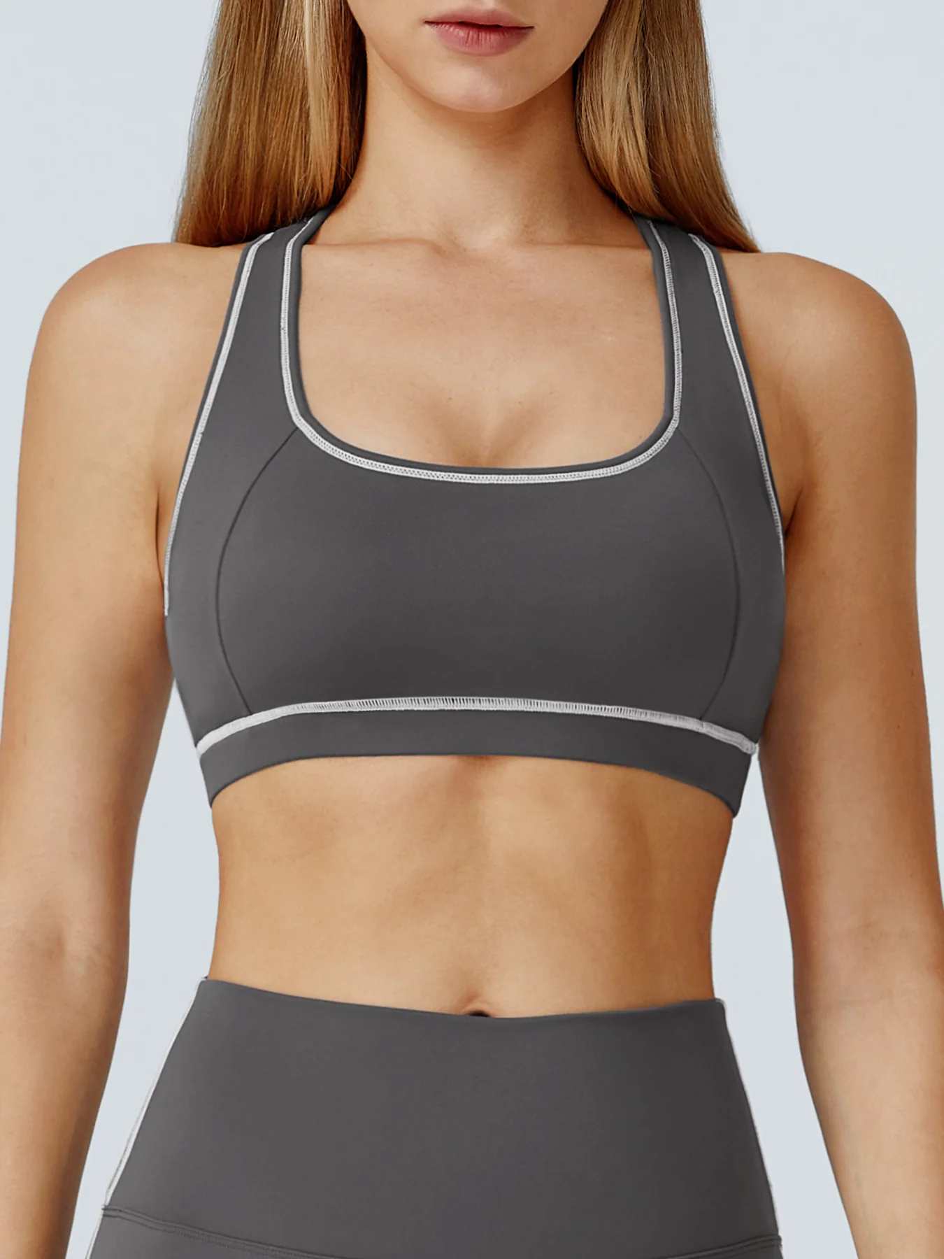 Gray Contrast-Trim Racerback Sports Bra