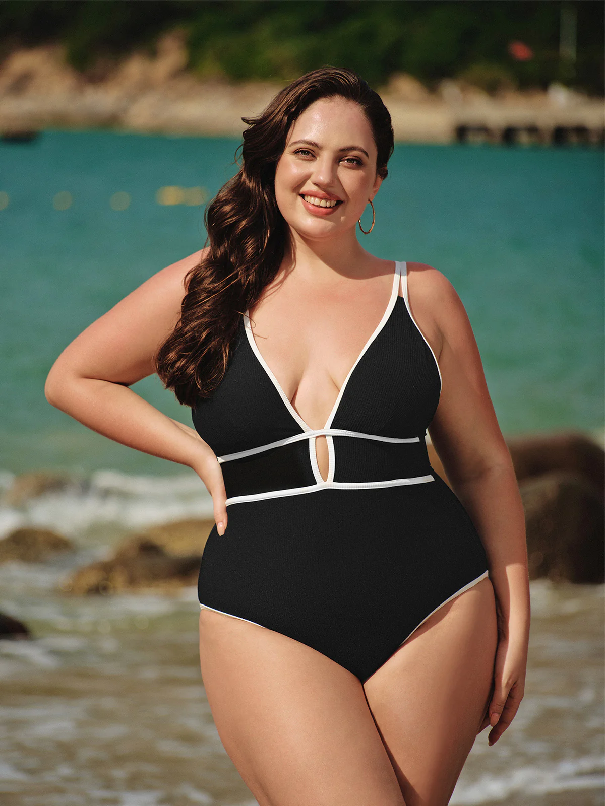 Black Contrast V Neck Plus Size One-Piece Swimsuit