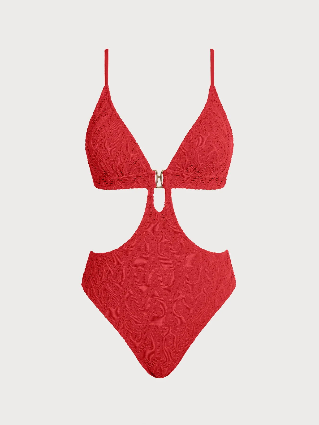 Red Plunge Neck Cutout One-Piece Swimsuit