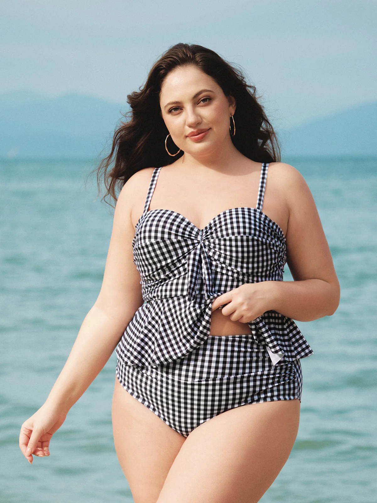 Black Plaid Plus Size Tankini Top