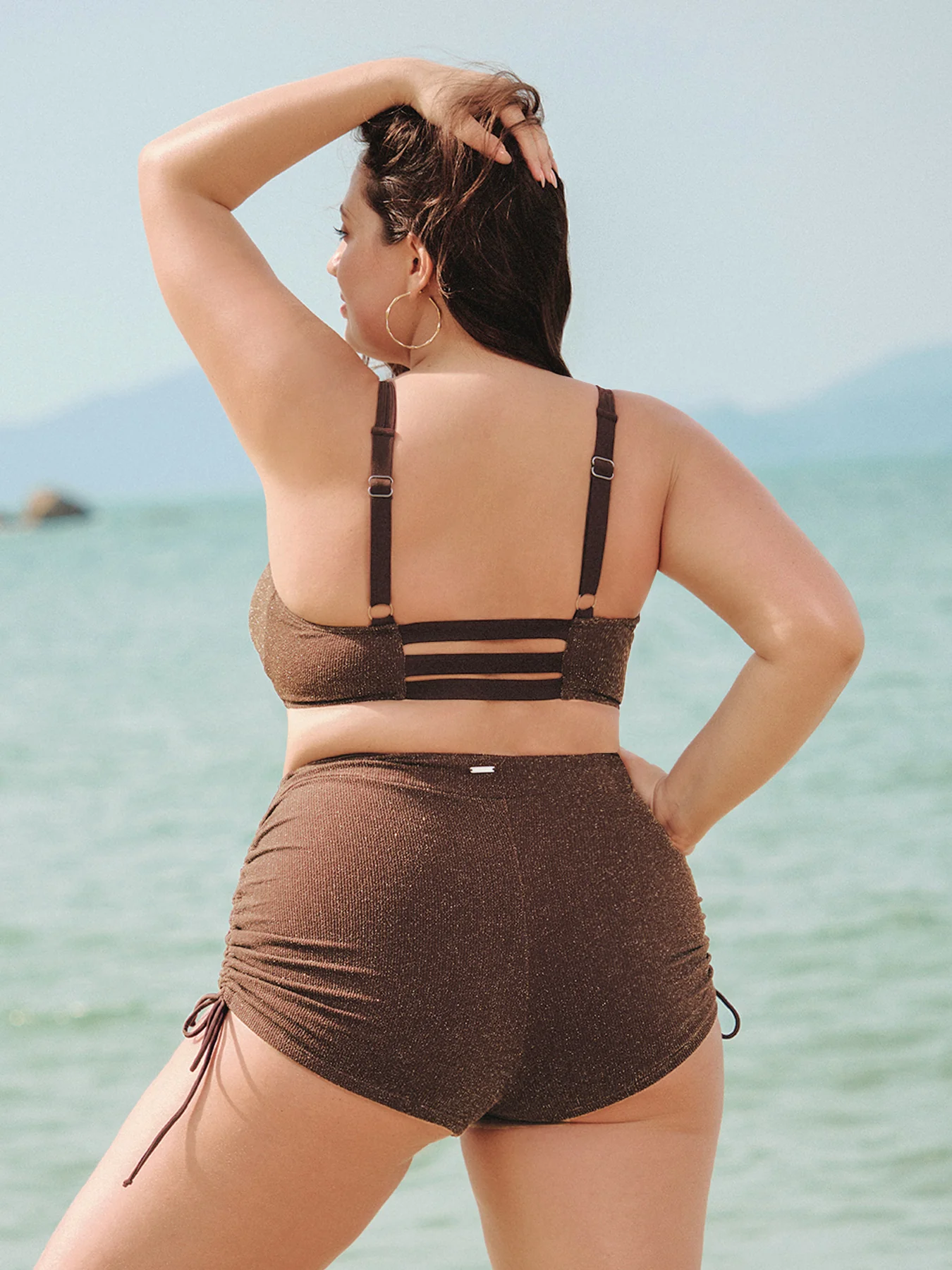 Dark Coffee Lurex Cutout Plus Size Bikini Top
