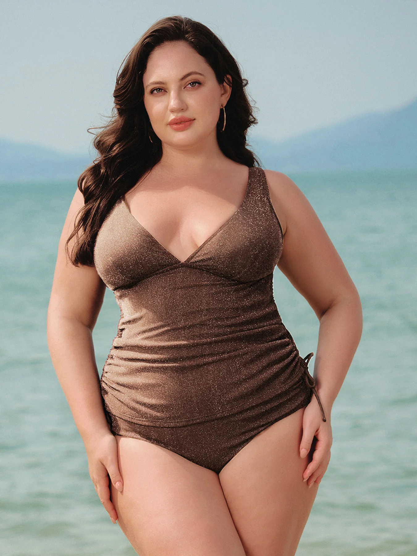 Ruched Drawstring Plus Size Tankini Top