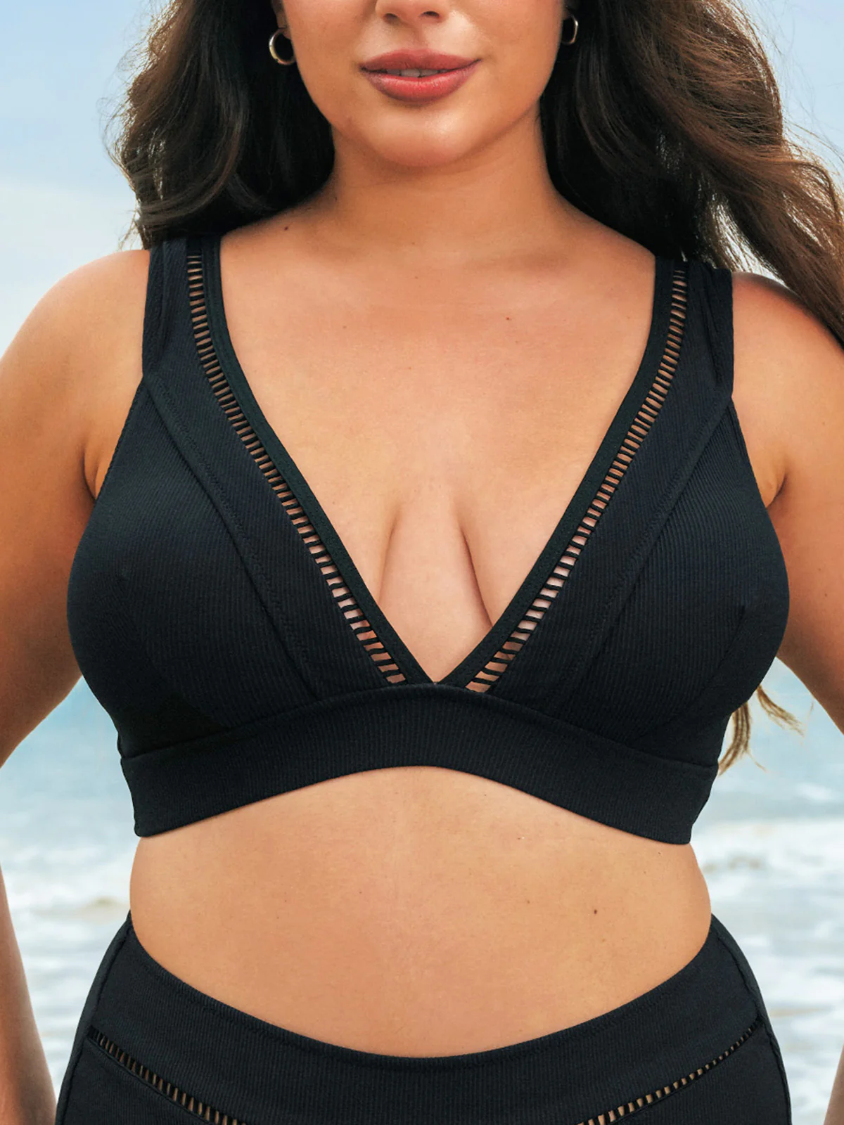 Black V Neck Plus Size Bikini Top