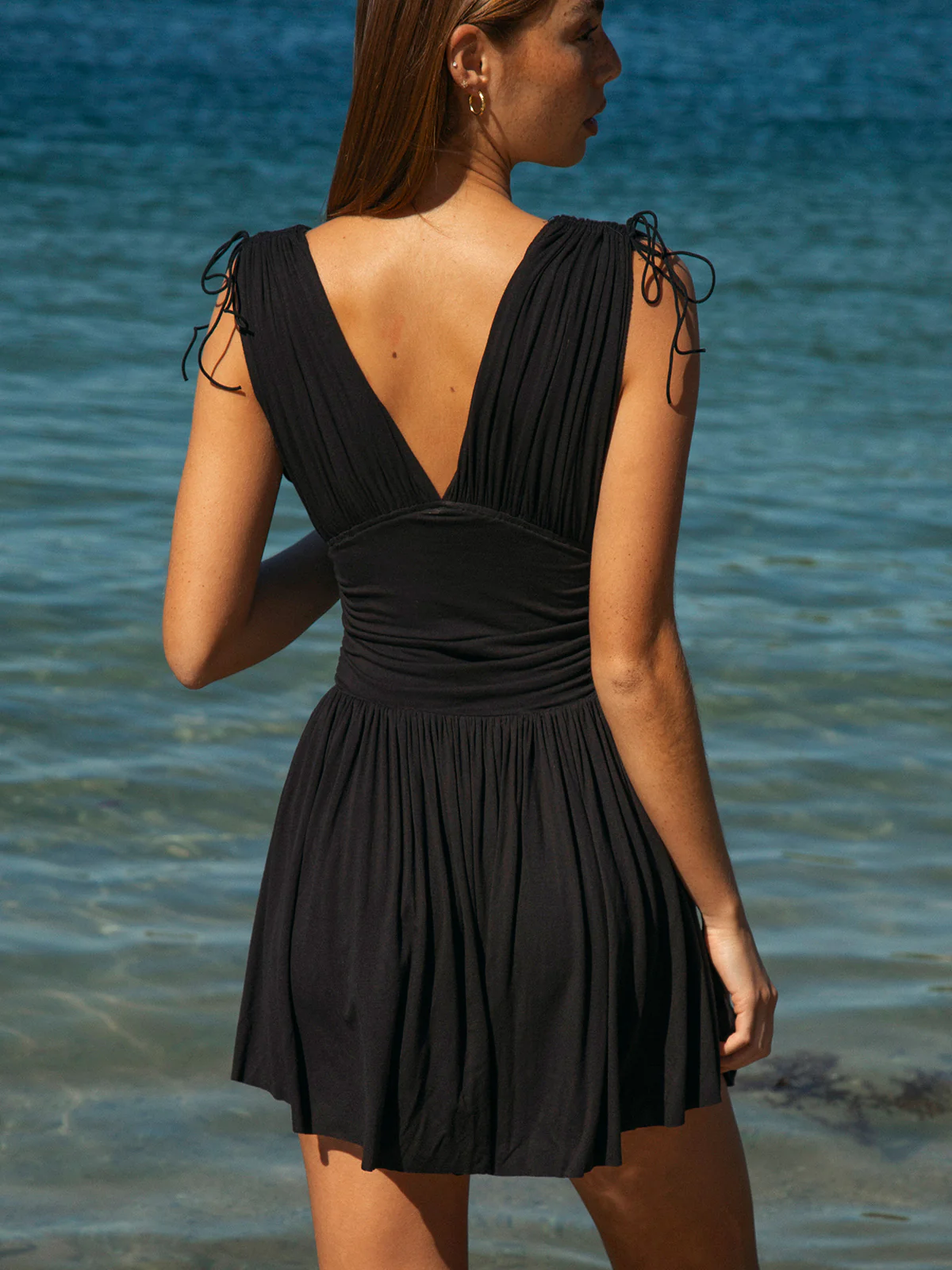 Black V Neck Ruched Beach Dress