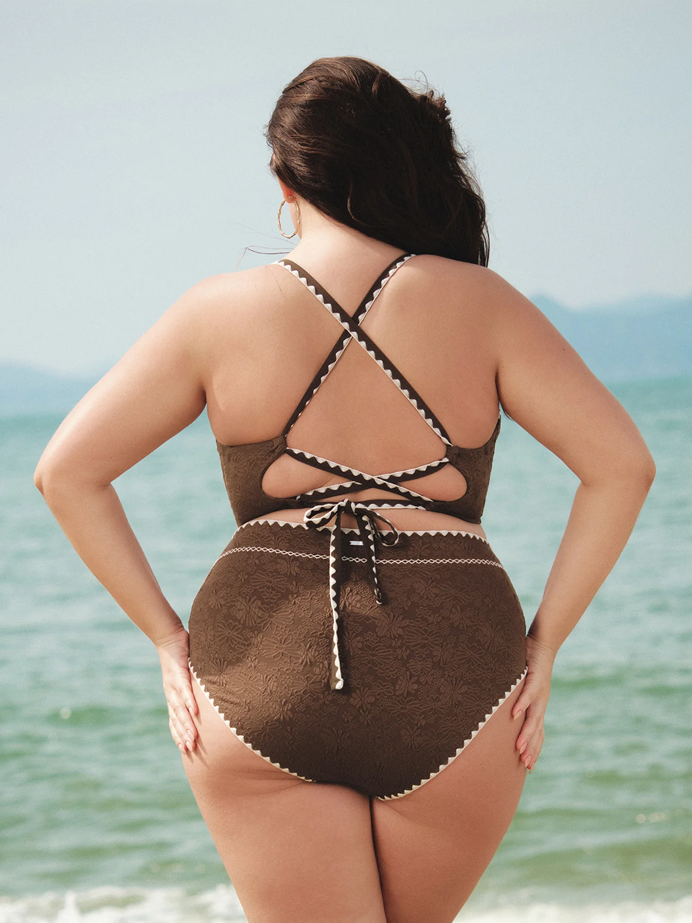 Dark Coffee Textured Cutout Plus Size Bikini Top