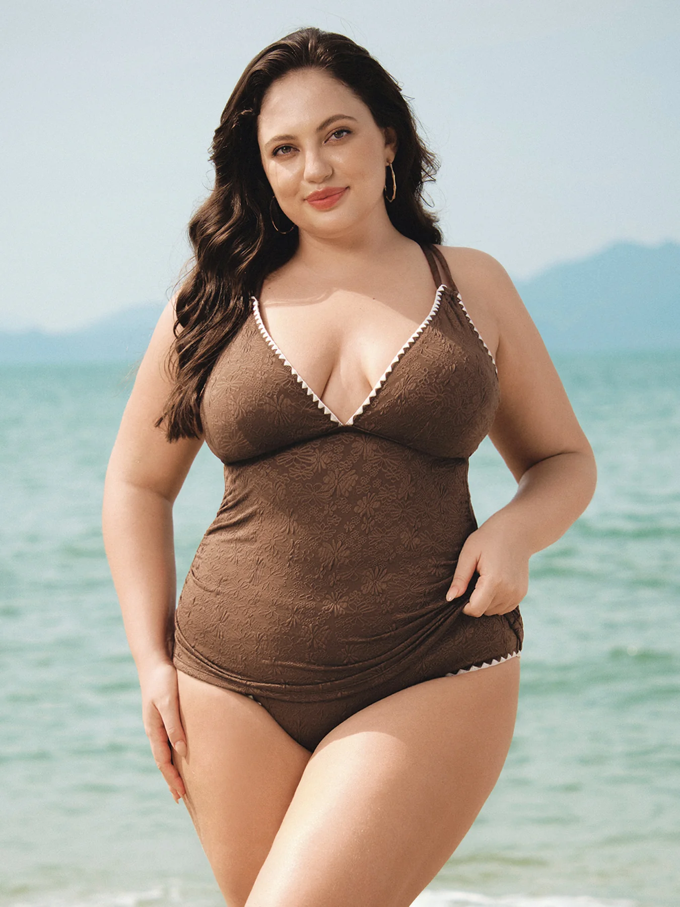 Dark Coffee Lace Ruched V-Neck Plus Size Tankini Top