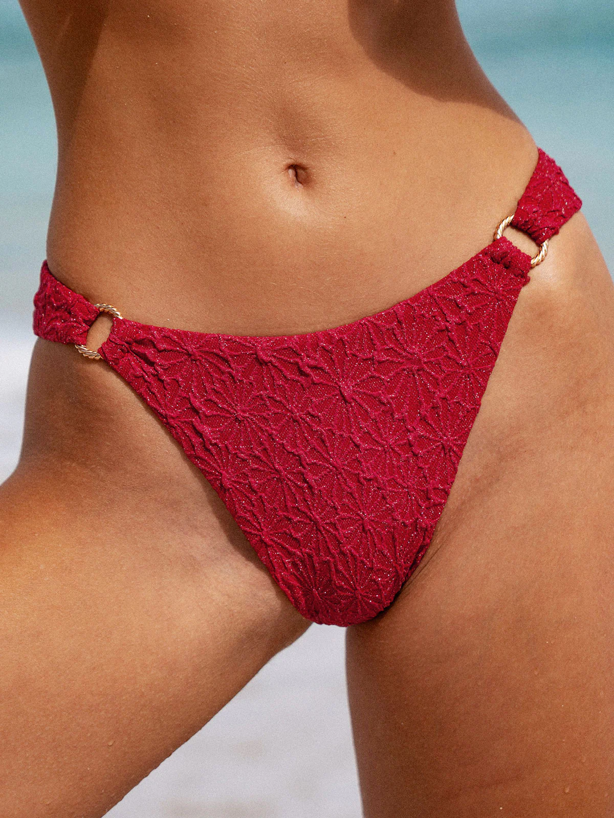 Wine Red Textured O-Ring Bikini Bottom