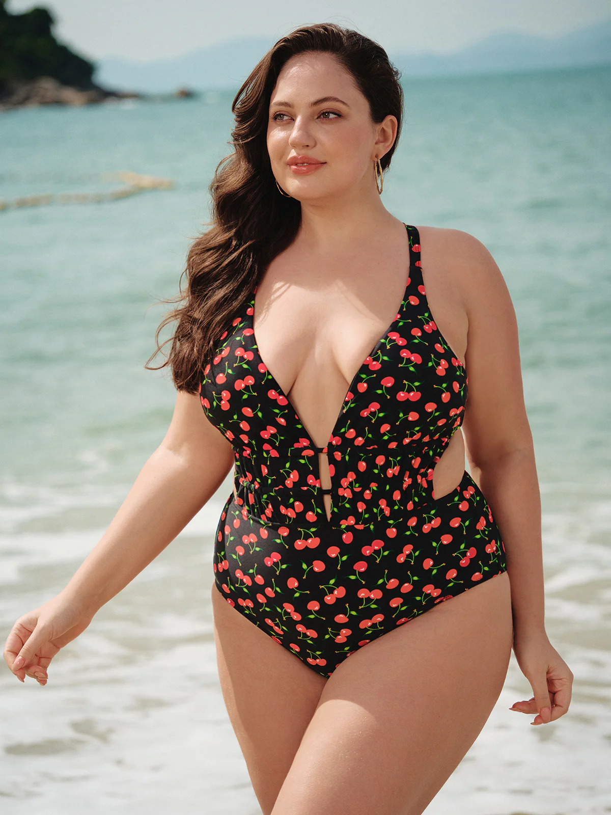Cherry Drawstring Plus Size One-Piece Swimsuit