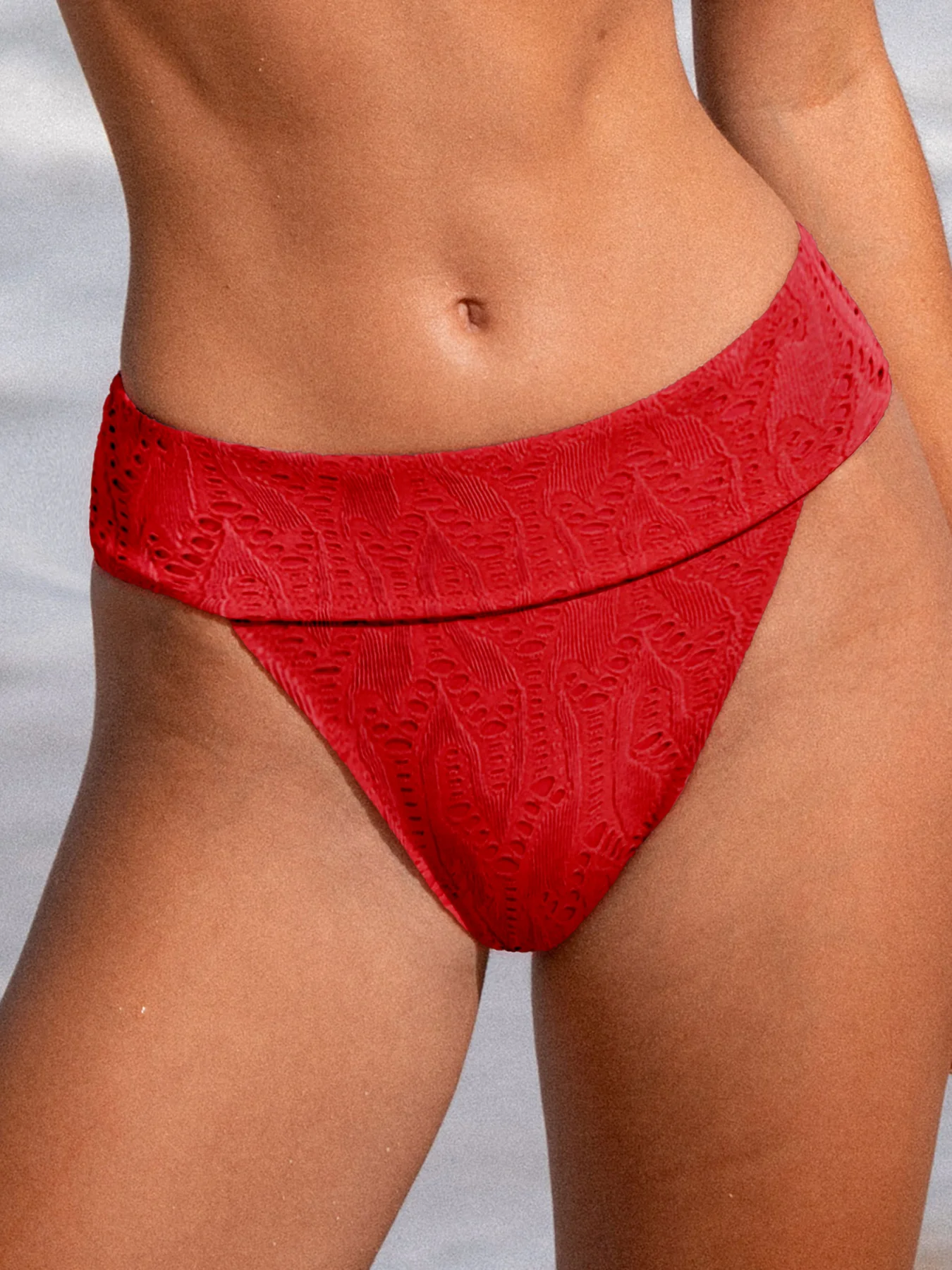 Red Textured High Cut Bikini Bottom
