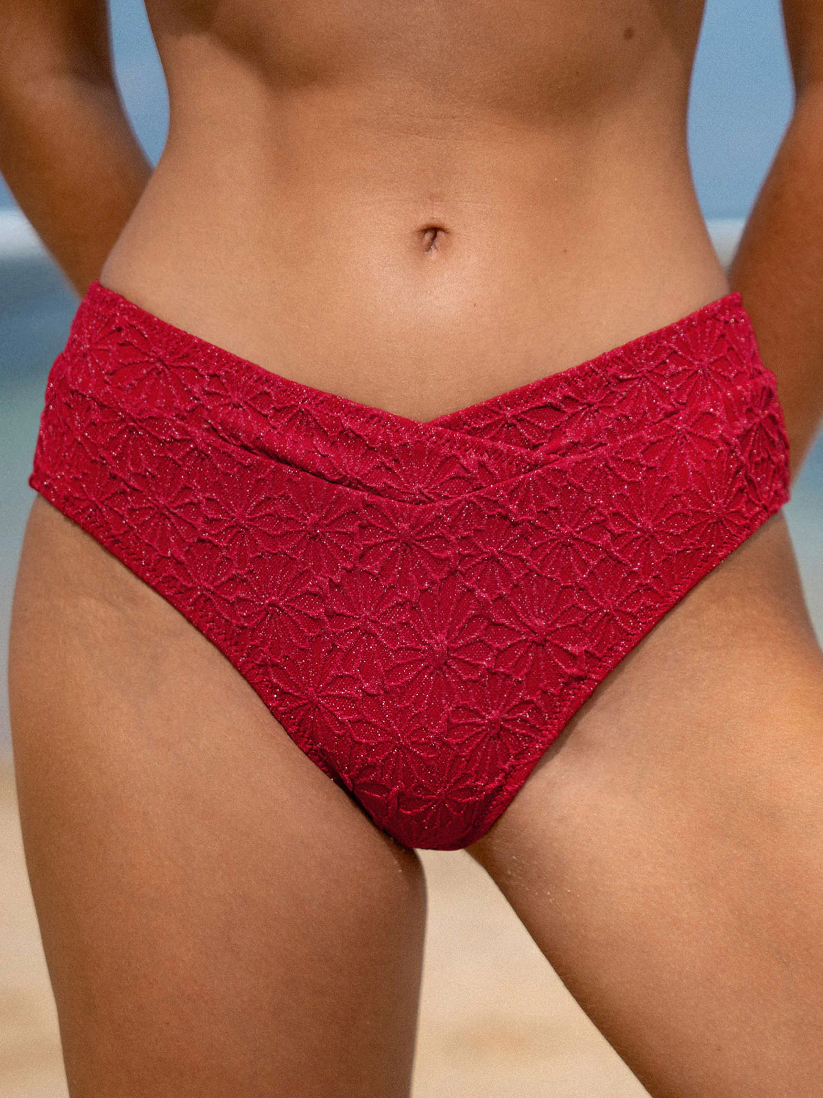 Wine Red Textured Full Coverage Bikini Bottom