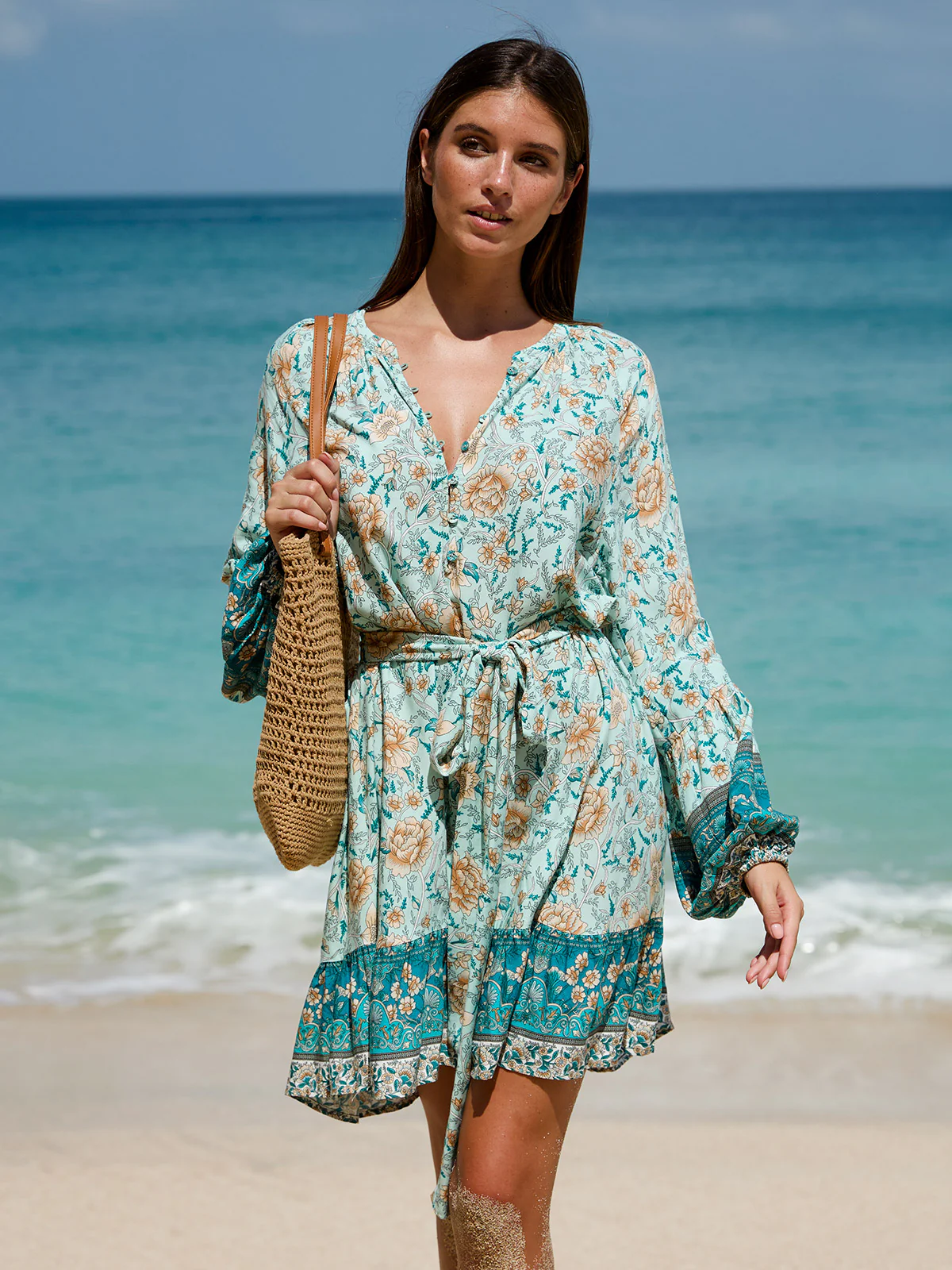 Floral Print Raglan Sleeve Beach Dress