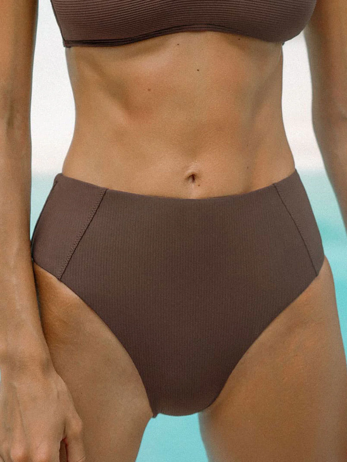 Coffee Ribbed Seam Full Coverage Bikini Bottom