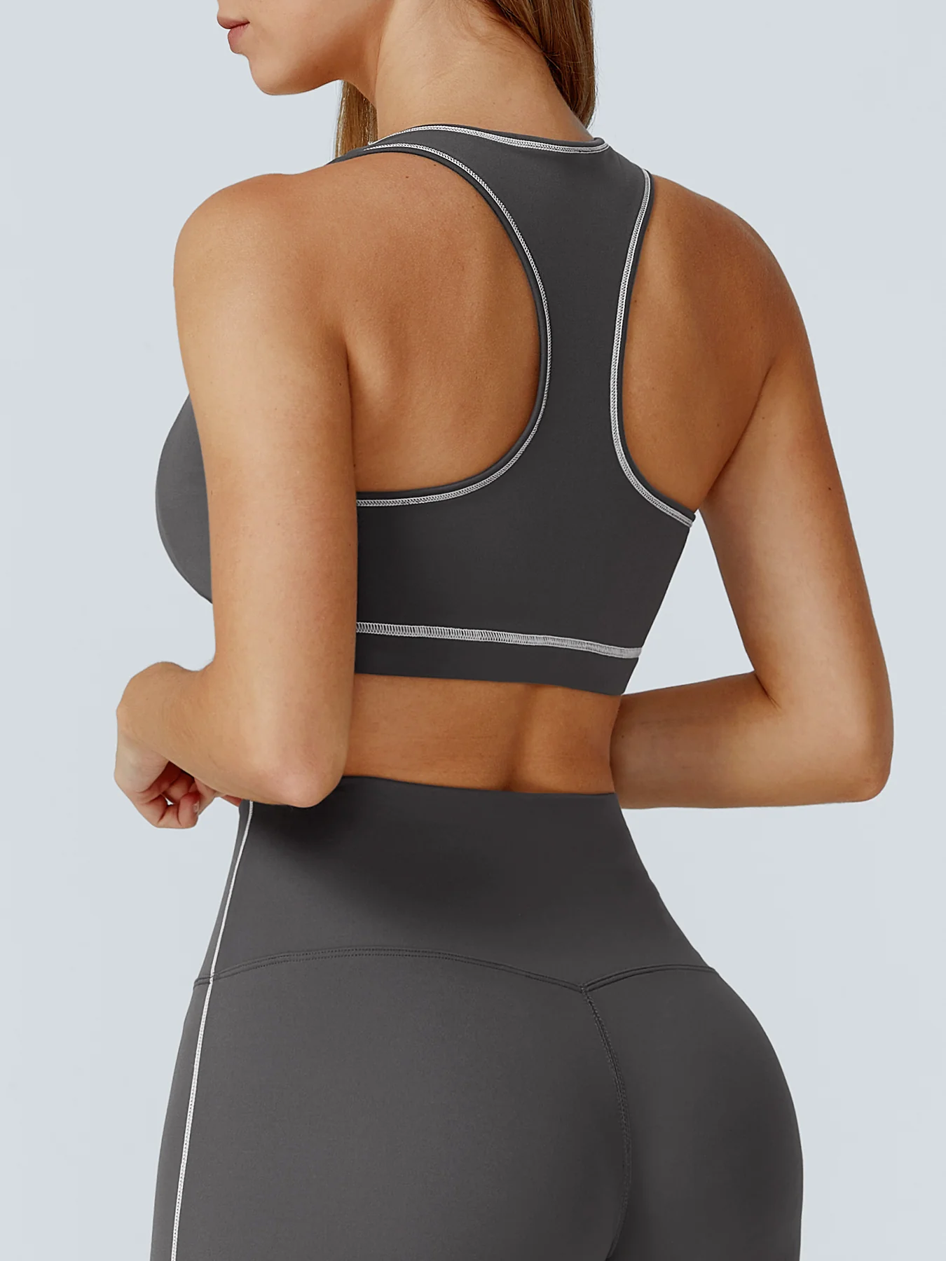 Gray Contrast-Trim Racerback Sports Bra