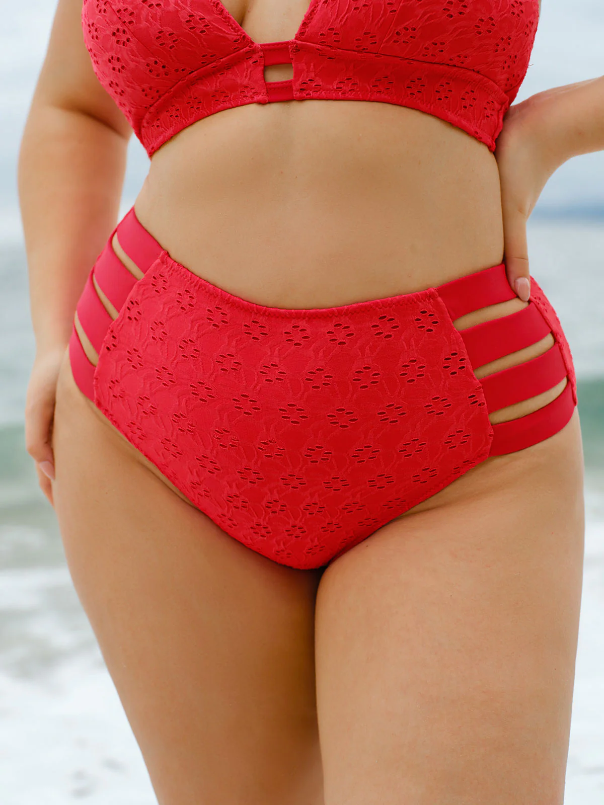 Red Textured Plus Size Bikini Bottom