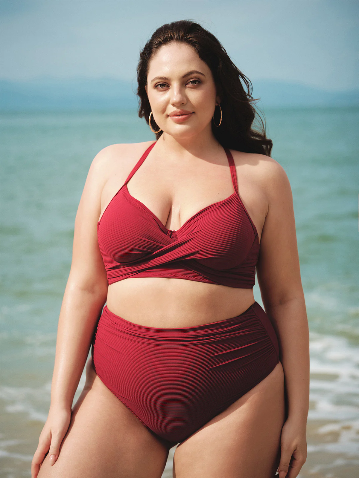 Wine Red Ruched Plus Size Bikini Top