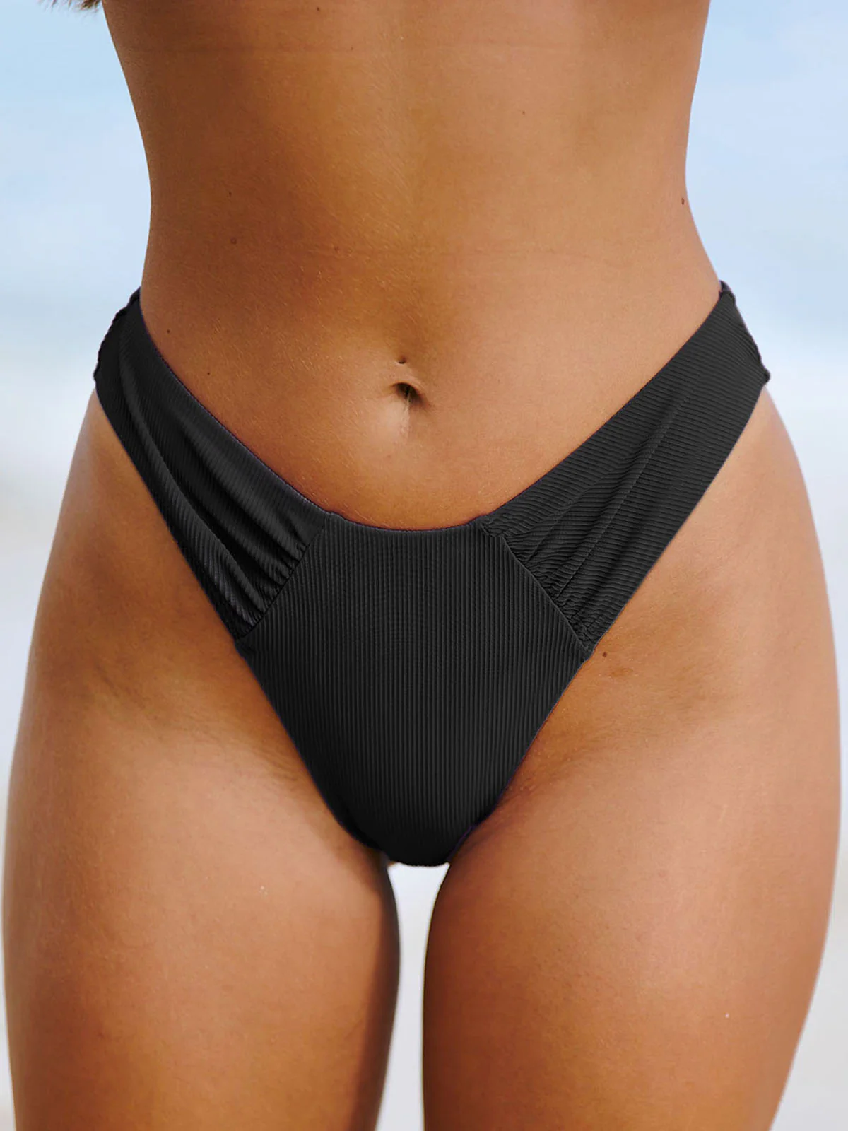 Black Ruched Natural Waisted Bikini Bottom