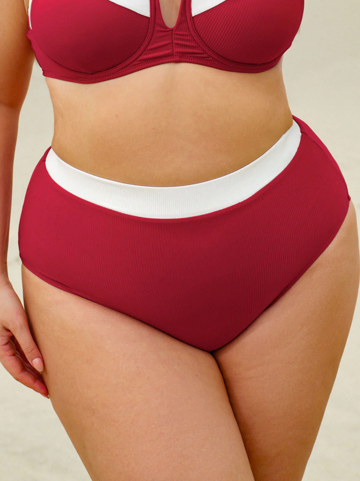Red Contrast High-Waist Plus Size Bikini Bottom