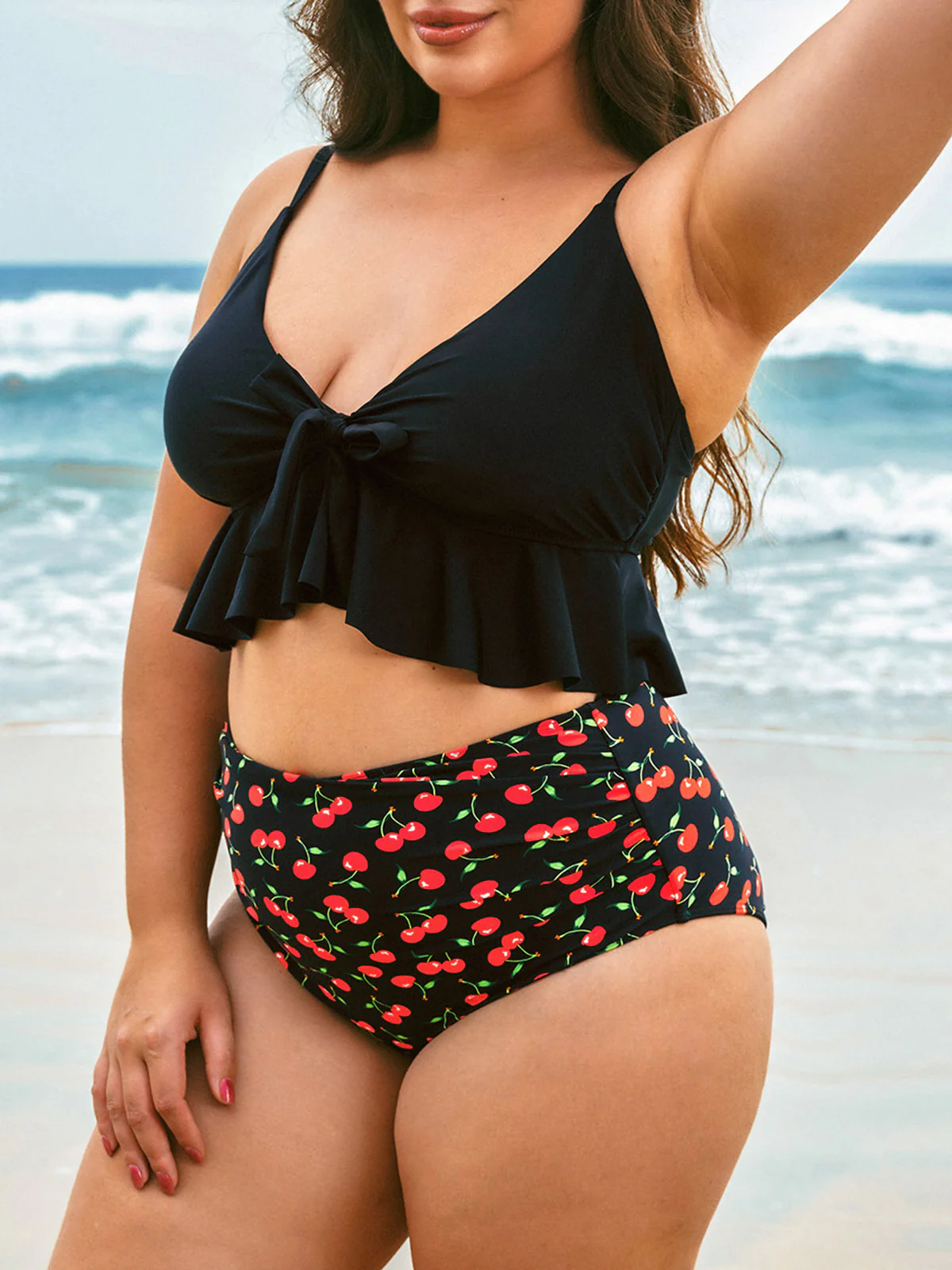 Black Lace-Up Ruffled Plus Size Tankini Top