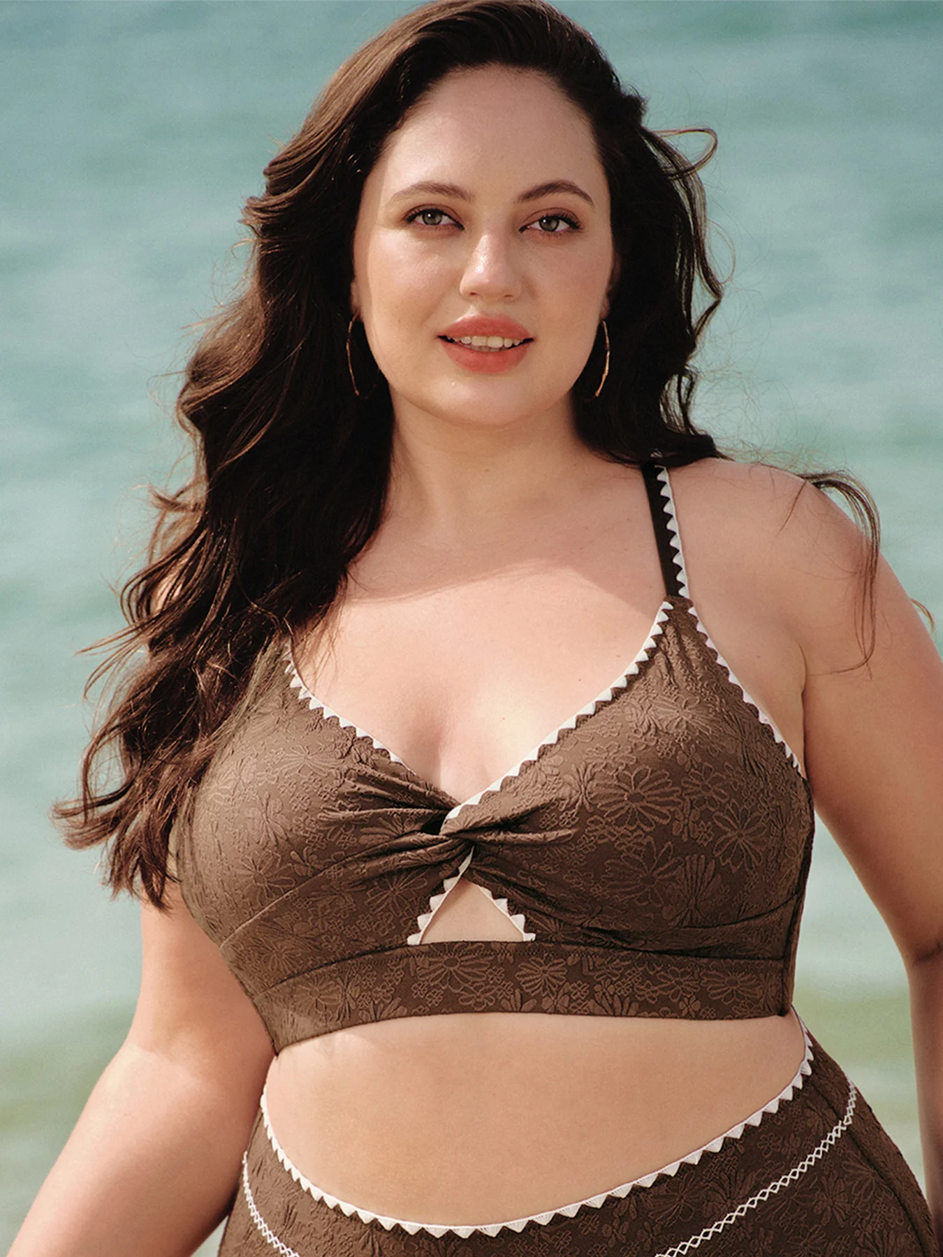 Dark Coffee Textured Cutout Plus Size Bikini Top