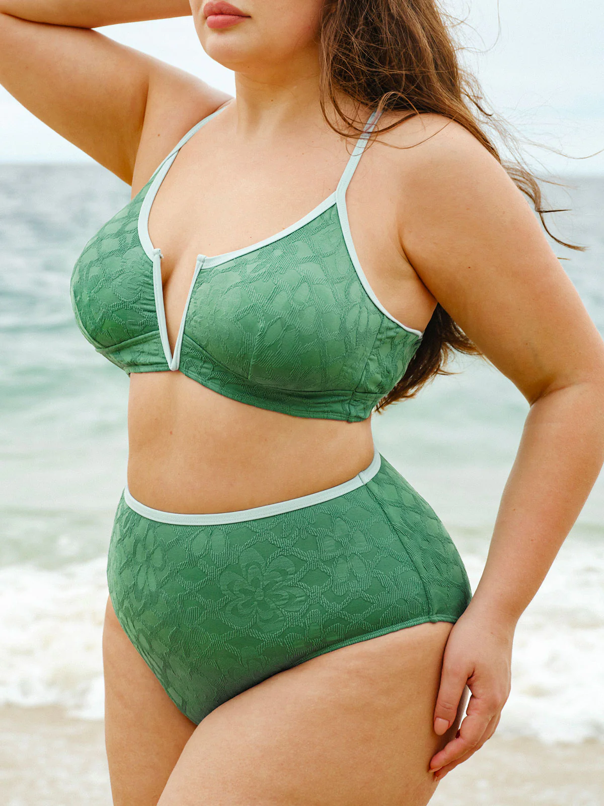 Dark Green Jacquard V Notch Plus Size Bikini Top