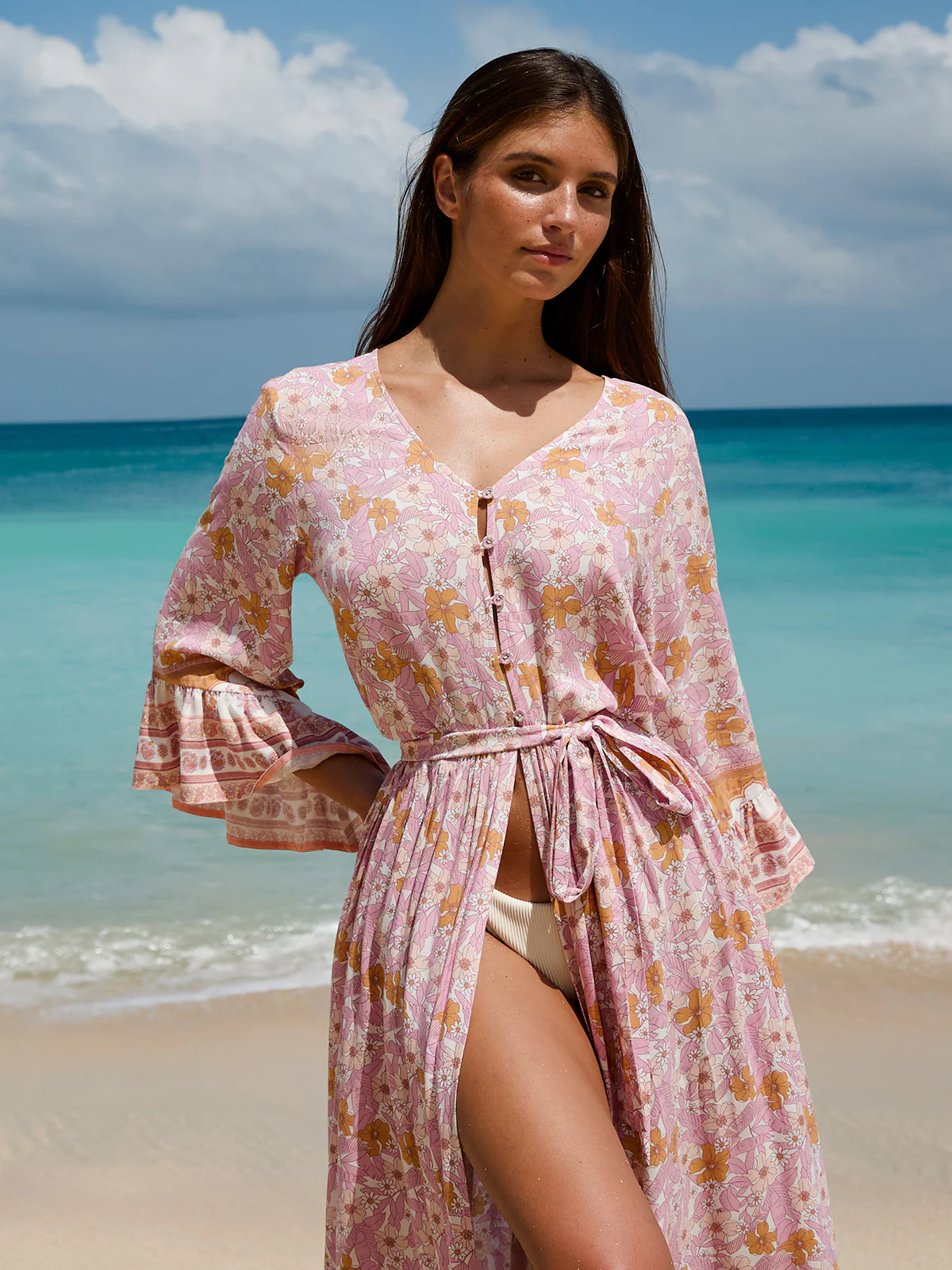 Pink Printed Ruffled Beach Dress
