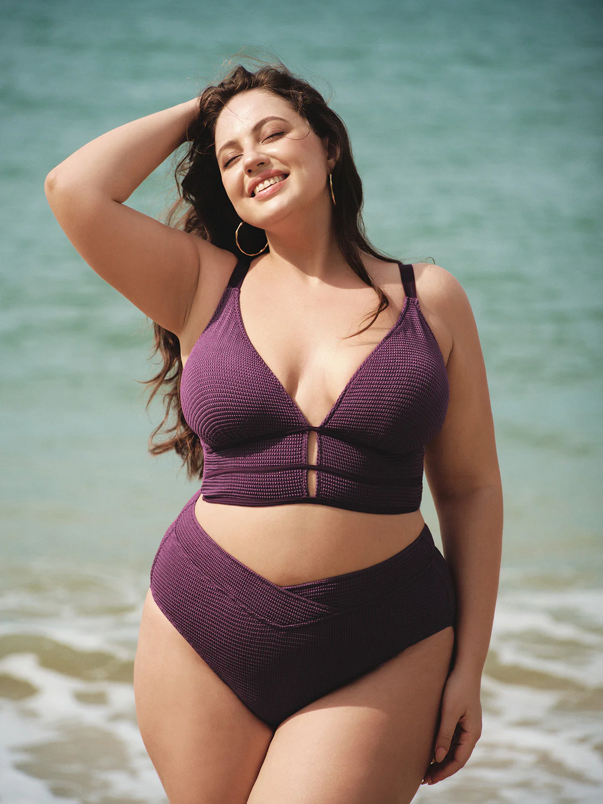 Purple Textured V Neck Plus Size Tankini Top