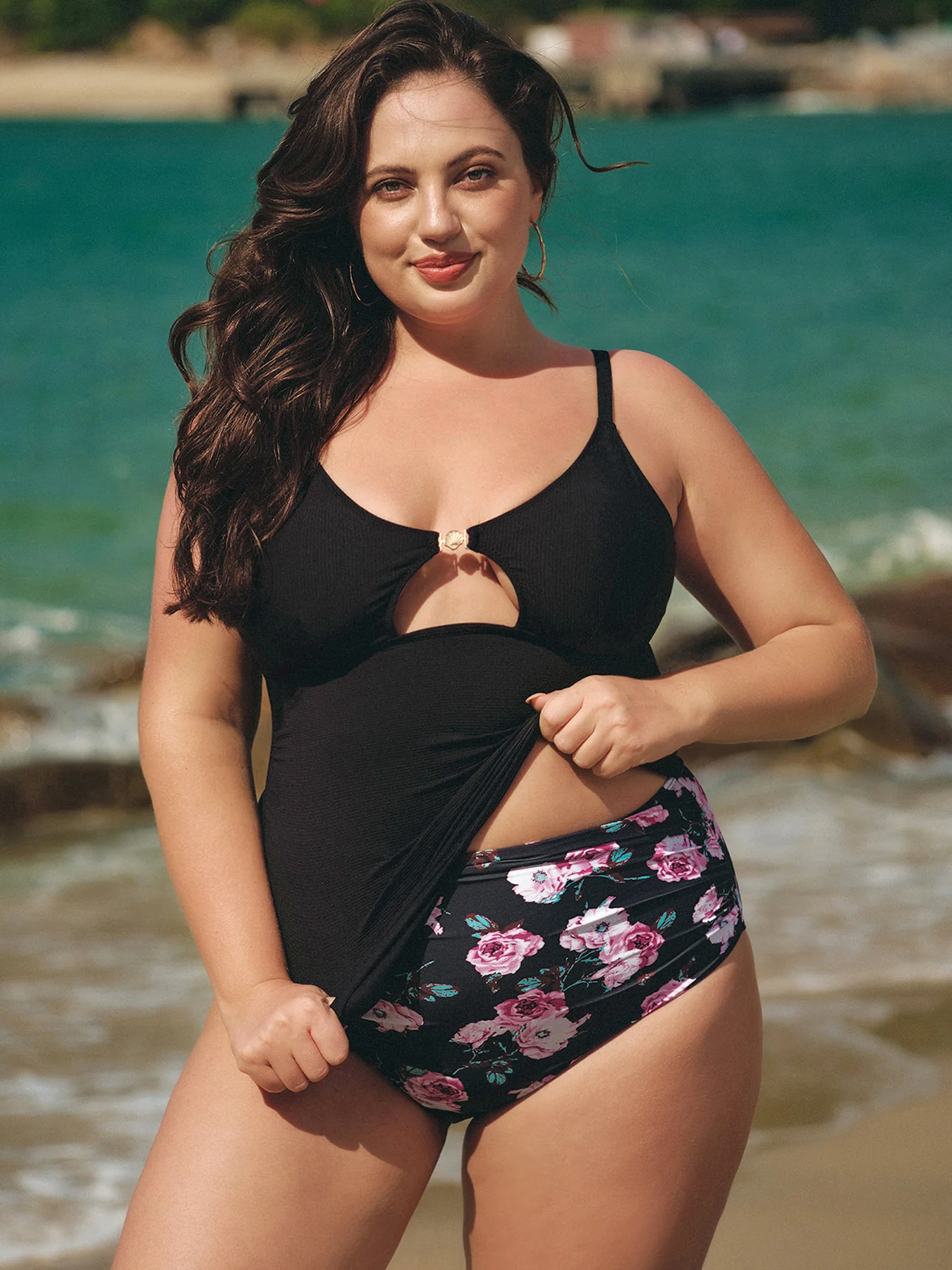 Cutout Gold-Accented Tankini Top