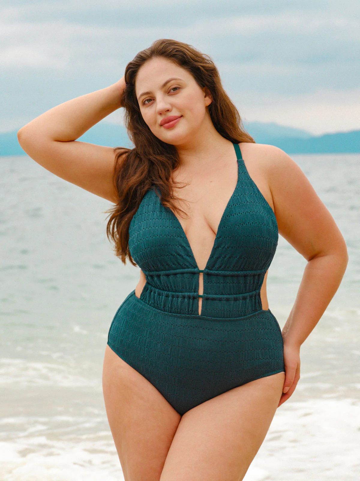 Dark Green Drawstring Plus Size One-Piece Swimsuit
