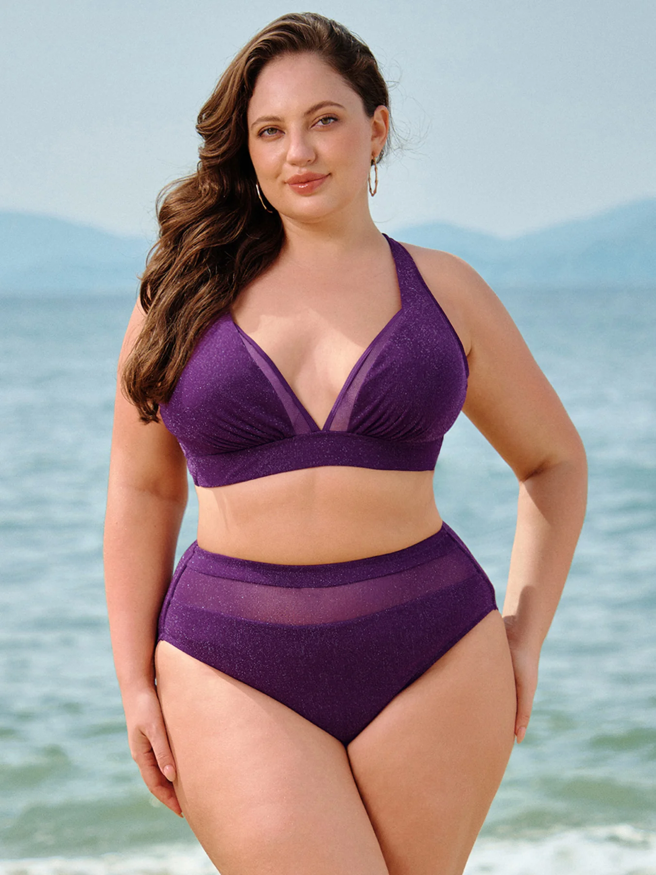 Purple Mesh Plunge Plus Size Bikini Top