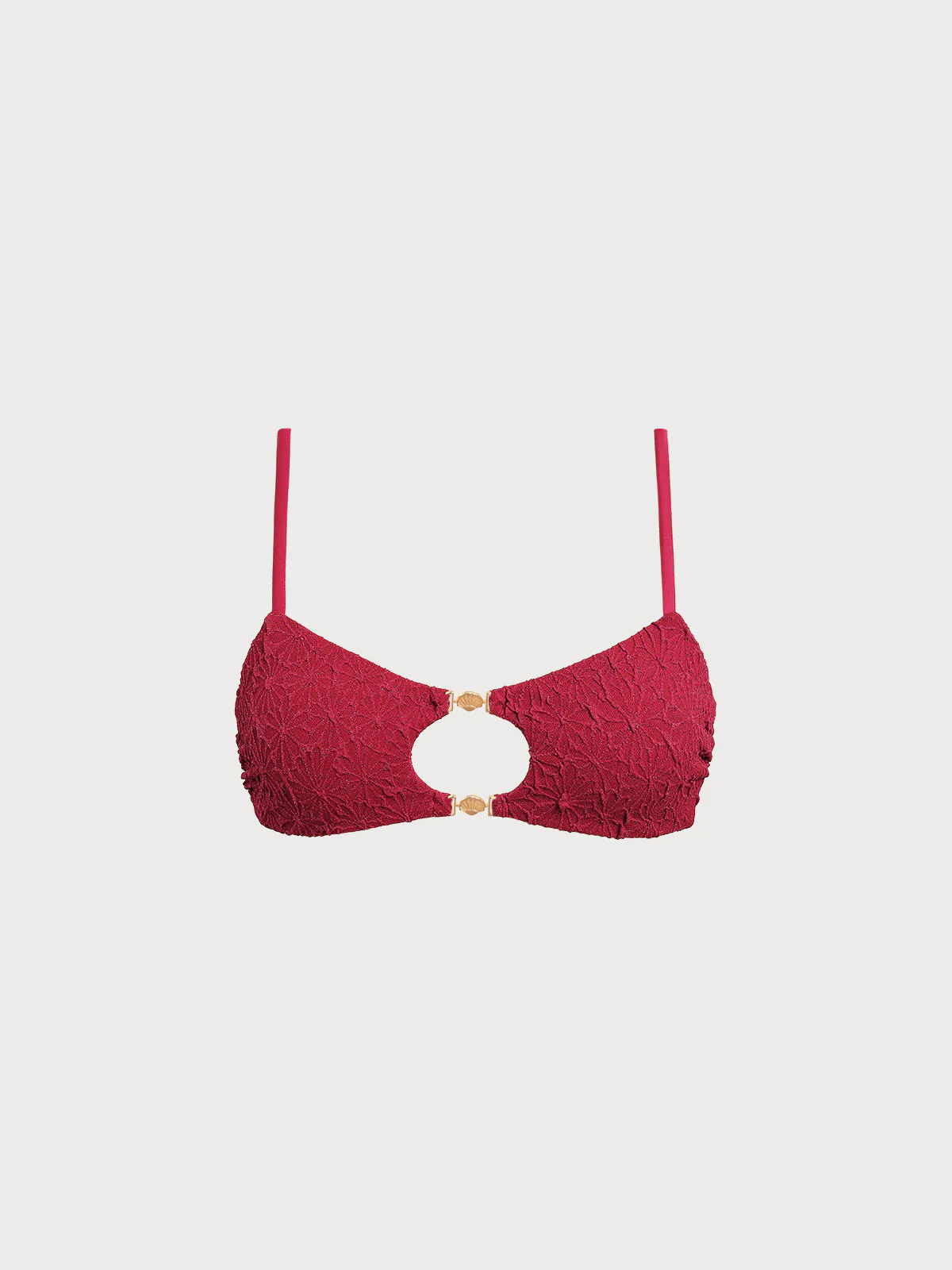Wine Red Textured Cutout Accented Bikini Top