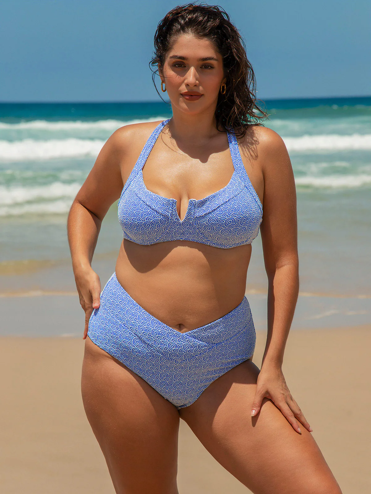 Blue Jacquard Underwire Plus Size Bikini Top