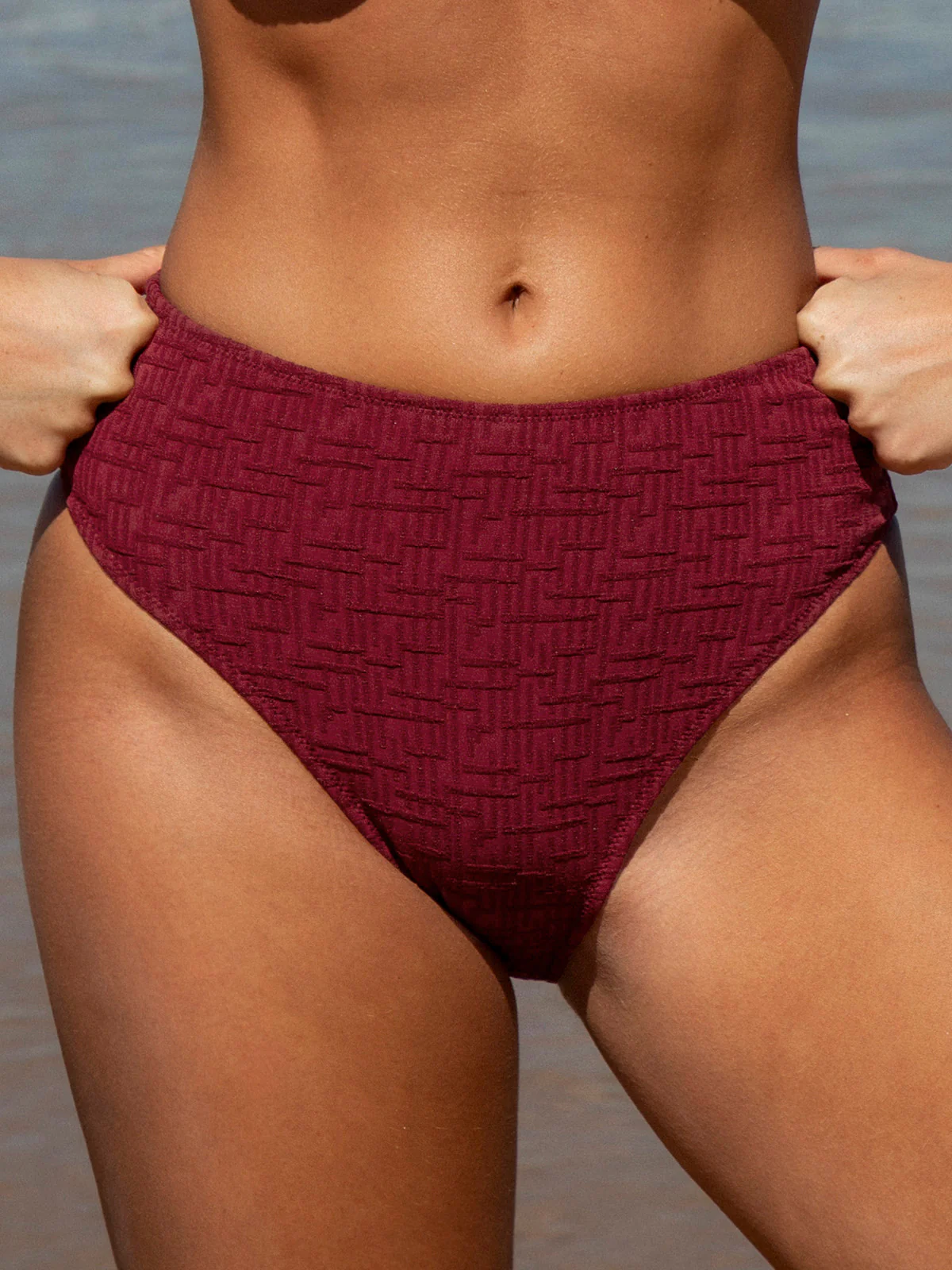 Wine Red Textured High Waisted Bikini Bottom