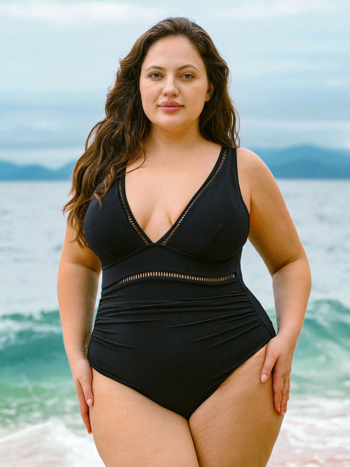 Black V Neck Ruched Plus Size One-Piece Swimsuit
